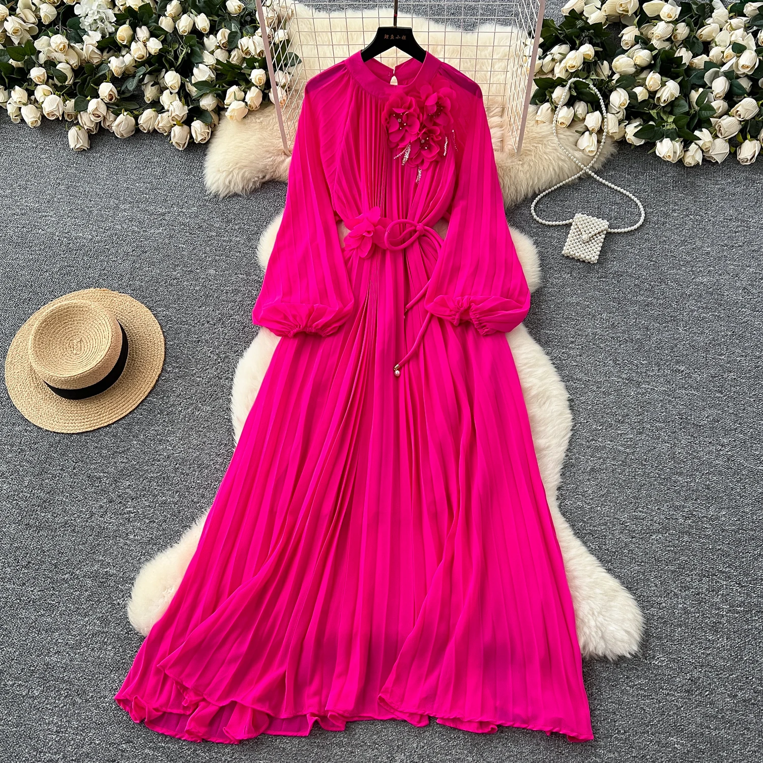 Chic Puff Langarm aushöhlen Dreidimensionale Rüschen A-line Vintage Kleid Elegante Hohe Taille Koreanische Mode Vestidos
