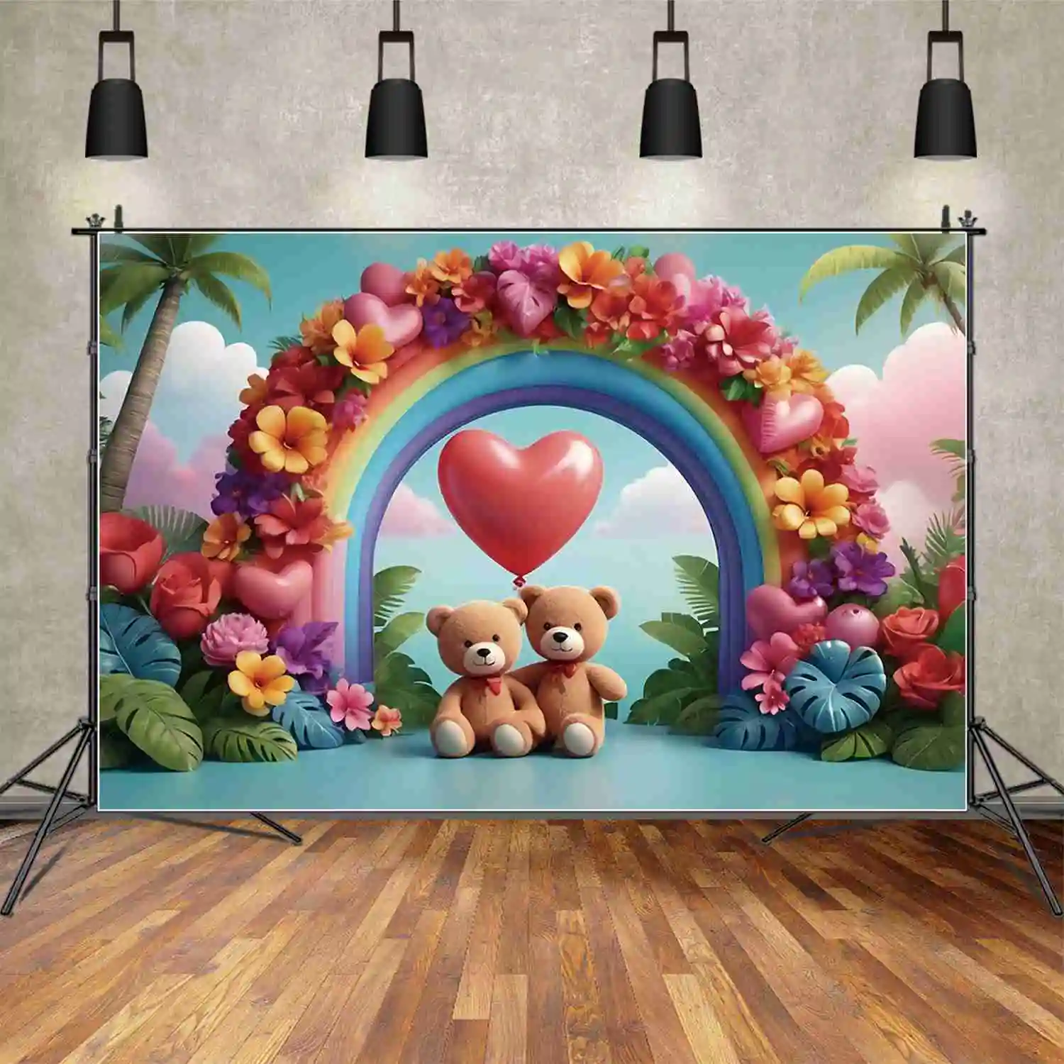 MOON.QG Teddy Bear bambini sfondi fiore palloncino tropicale sfondo personalizzato festa di compleanno decorazione puntelli fotografici