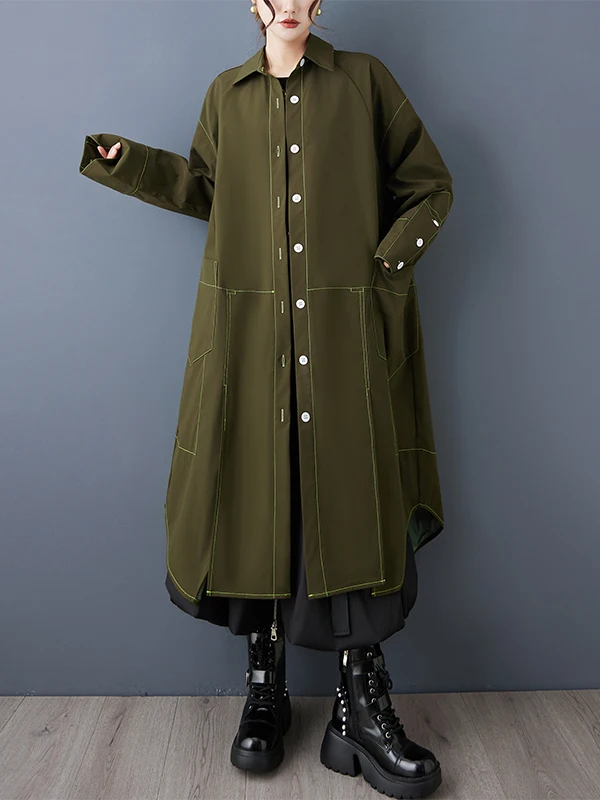 

Retro Irregular Stitching Lazy irt Dr Sle Windbreaker Outerwear Women's Faion Design Loose Fit Long Sve Collar