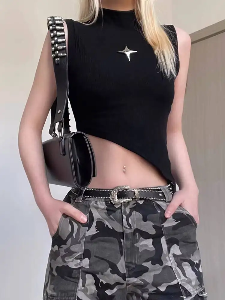 2026 Summer New Women's Dark Gothic Metal Star Asymmetrical Sleeveless Crop Top Y2K E girl Streetwear Fitted Knit Vest