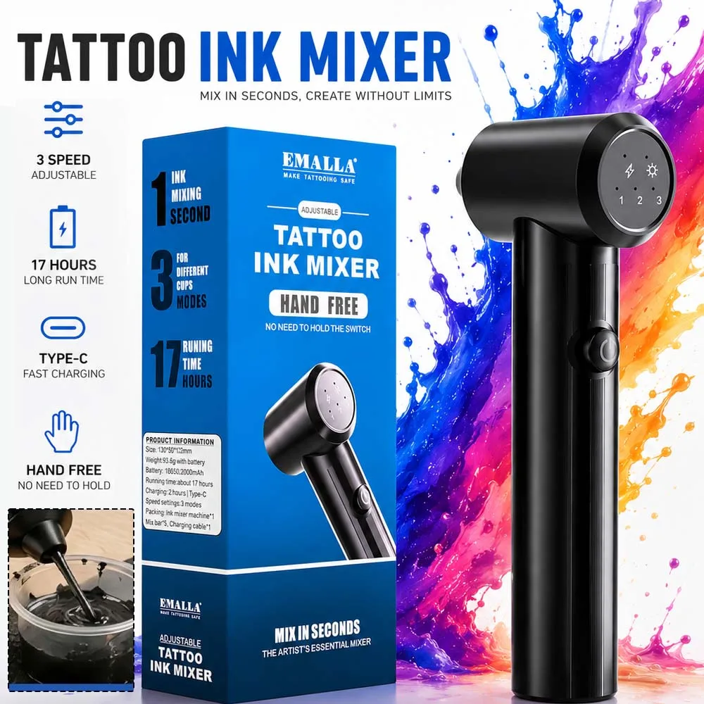 EMALLA Tattoo Ink Mixer with Mixing Sticks Adjustable 3-Speed Electric Tattoo Pigment Mixer 17 Hours Running Time Ink Agitators