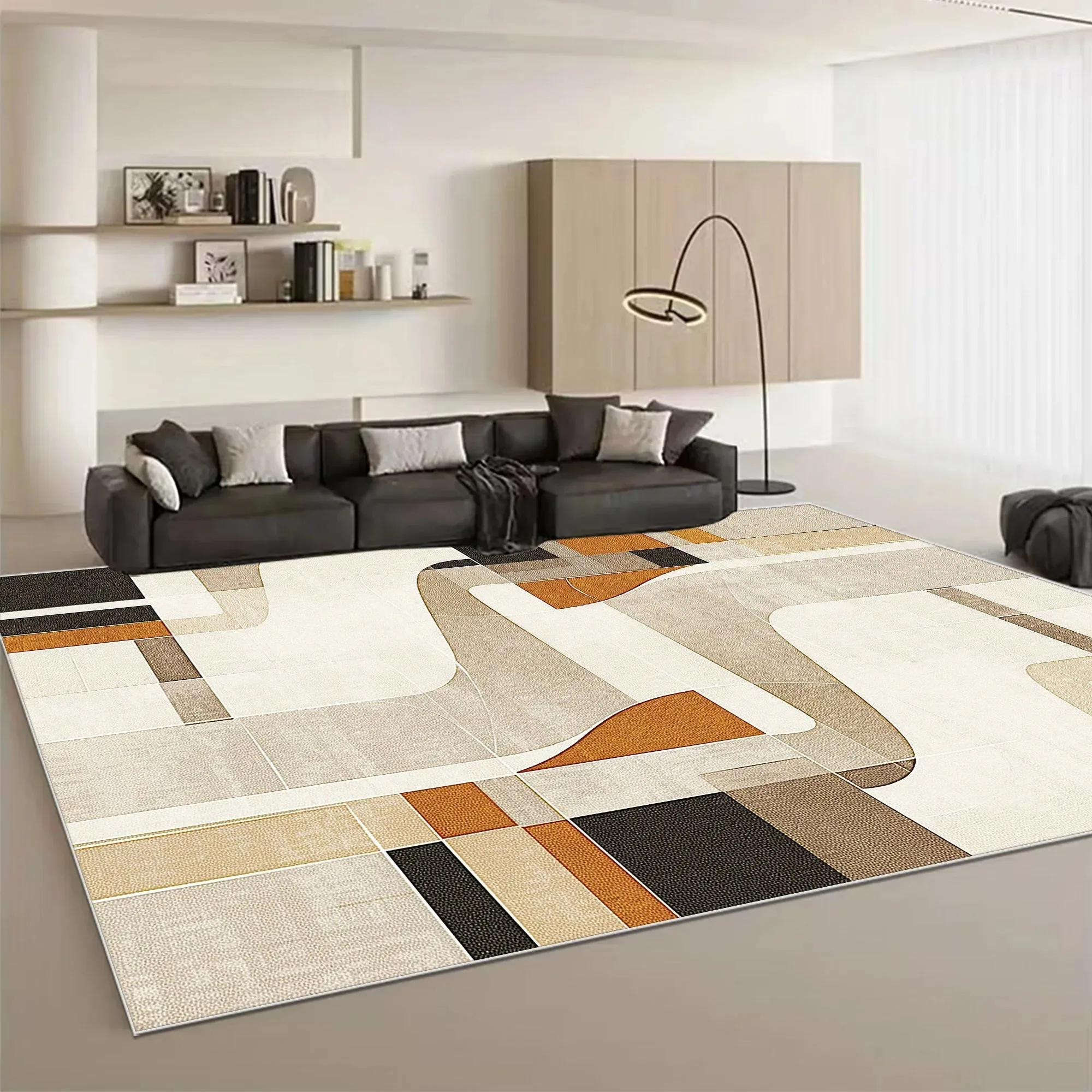 Neutral Tone Patchwork Rug Soft Floor Mat Geometric Curve Splicing Pattern Living Room Bedroom Modern Theme Home Decor Carpet
