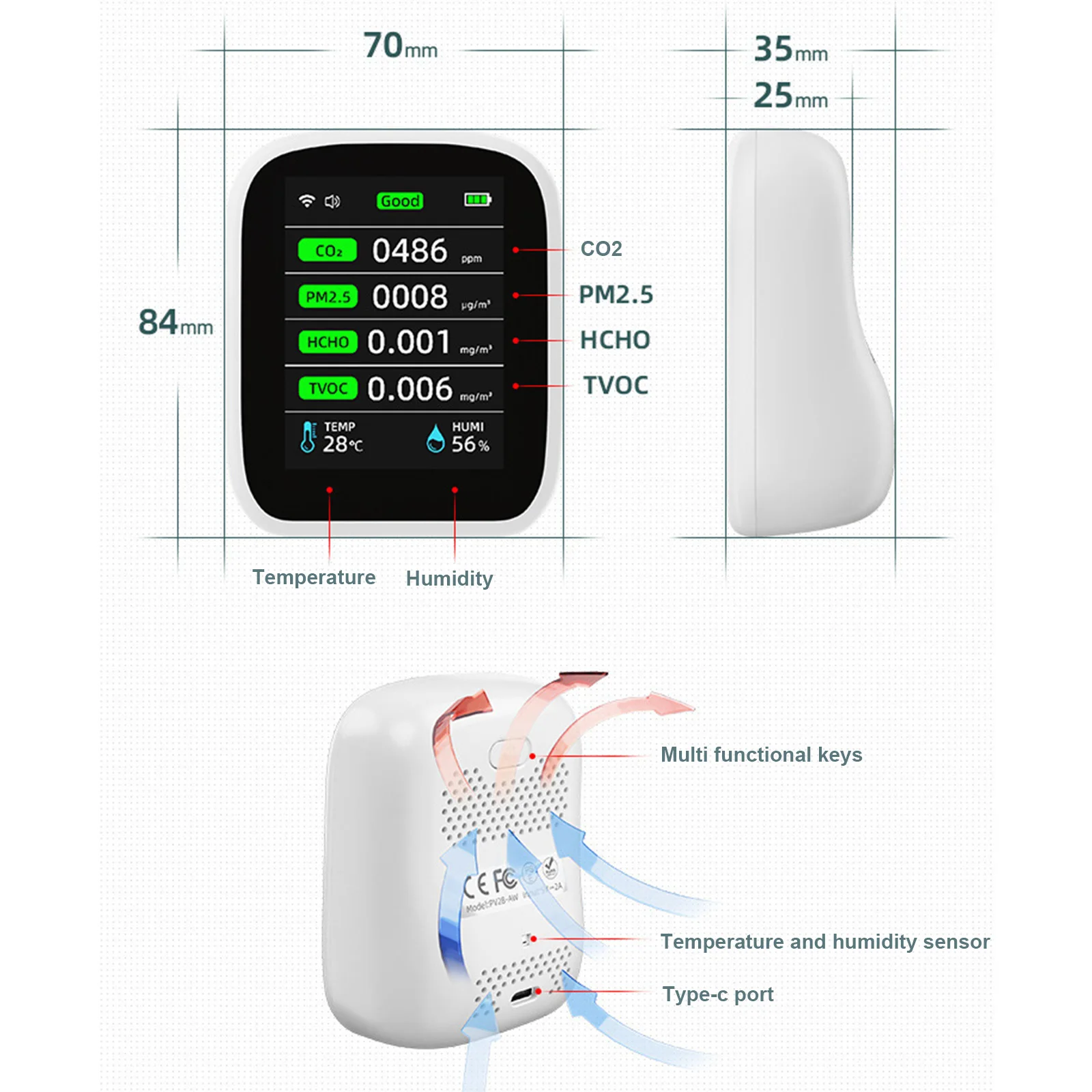 Portable Multi-Function Gas Detector Air Quality Monitor CO2 Carbon Dioxide Detector Temperature and Humidity Detecting At Home