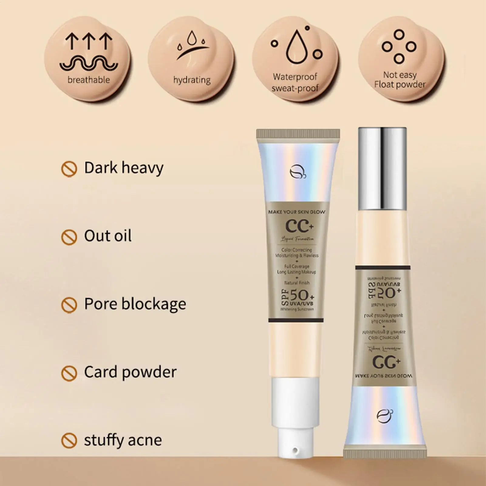 CC Cream Foundation FPS 50 Protetor Solar Base Corretivo Leve Hidratante Brightening Foundation Base Facial Maquiagem