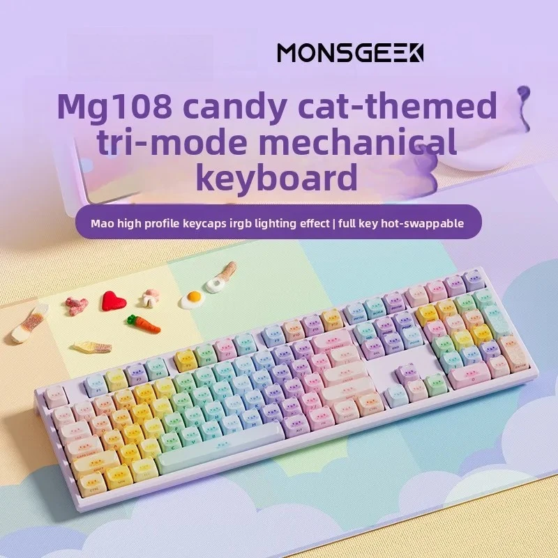 Colorful Sugar Cat Mechanical Keyboard, Triple Model, Office Keyboard, MAO Heat Transfer RGB Hot-Swap 108 Keys, Cute, Universal.