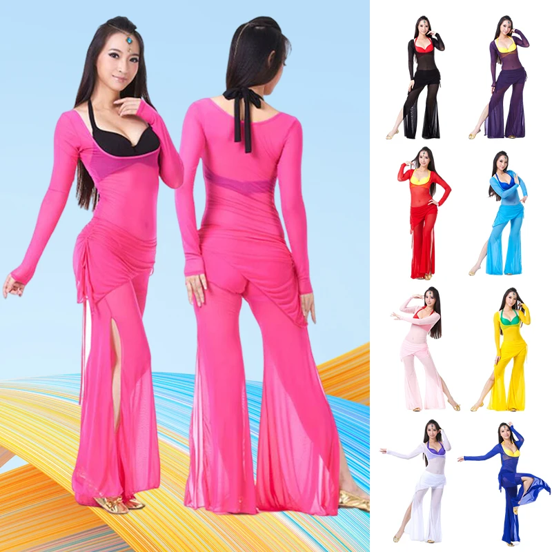 Women Belly Dance Leotards Long Sleeve Tops + Split Pants Suit Sexy Transparent Belly Dance Tops Lady Dance Practice Outfit