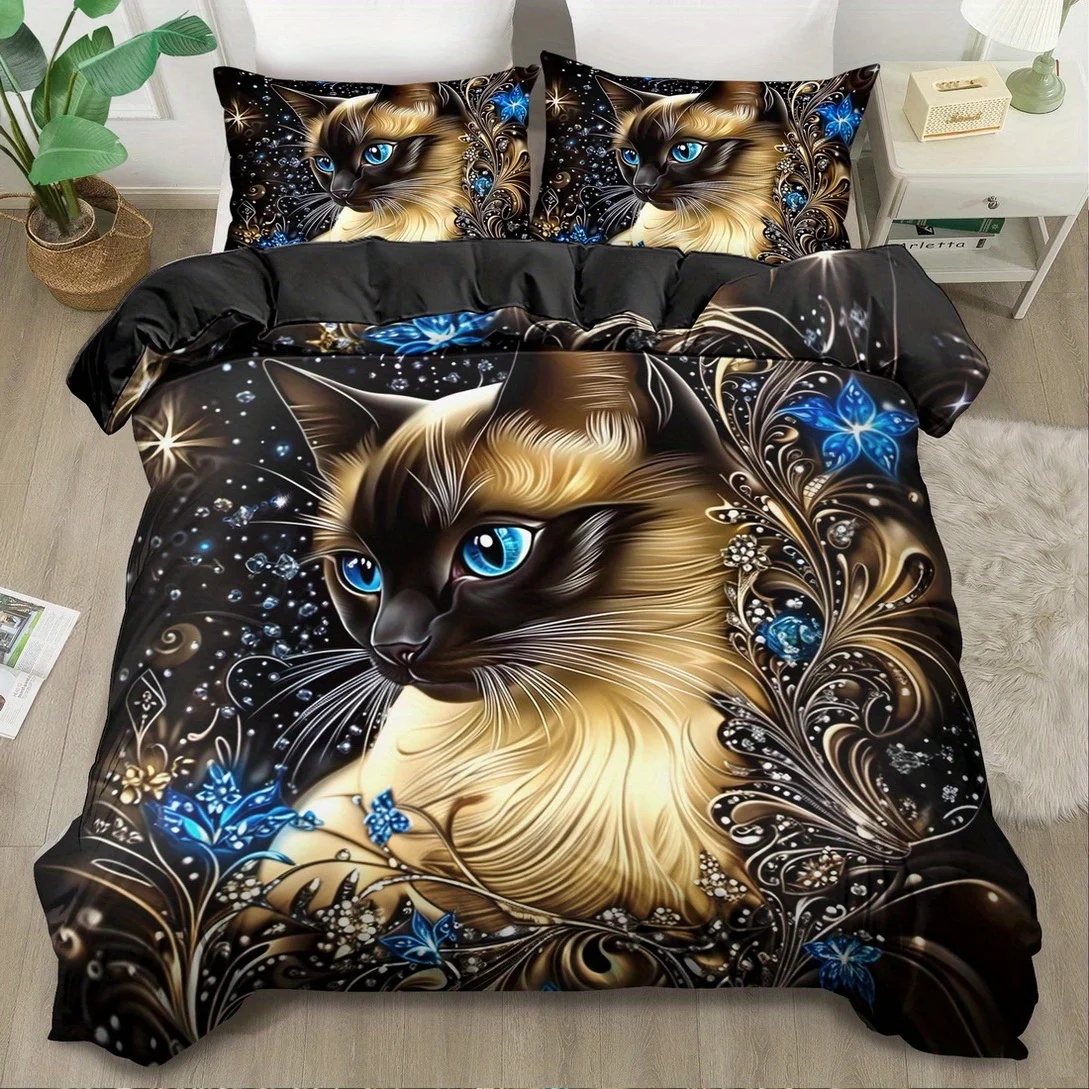 Animals, Cats, Flowers Print Duvet Cover Set, King Queen Style Bedding Set Machine Washable, Quilt  Bedroom Guest Room