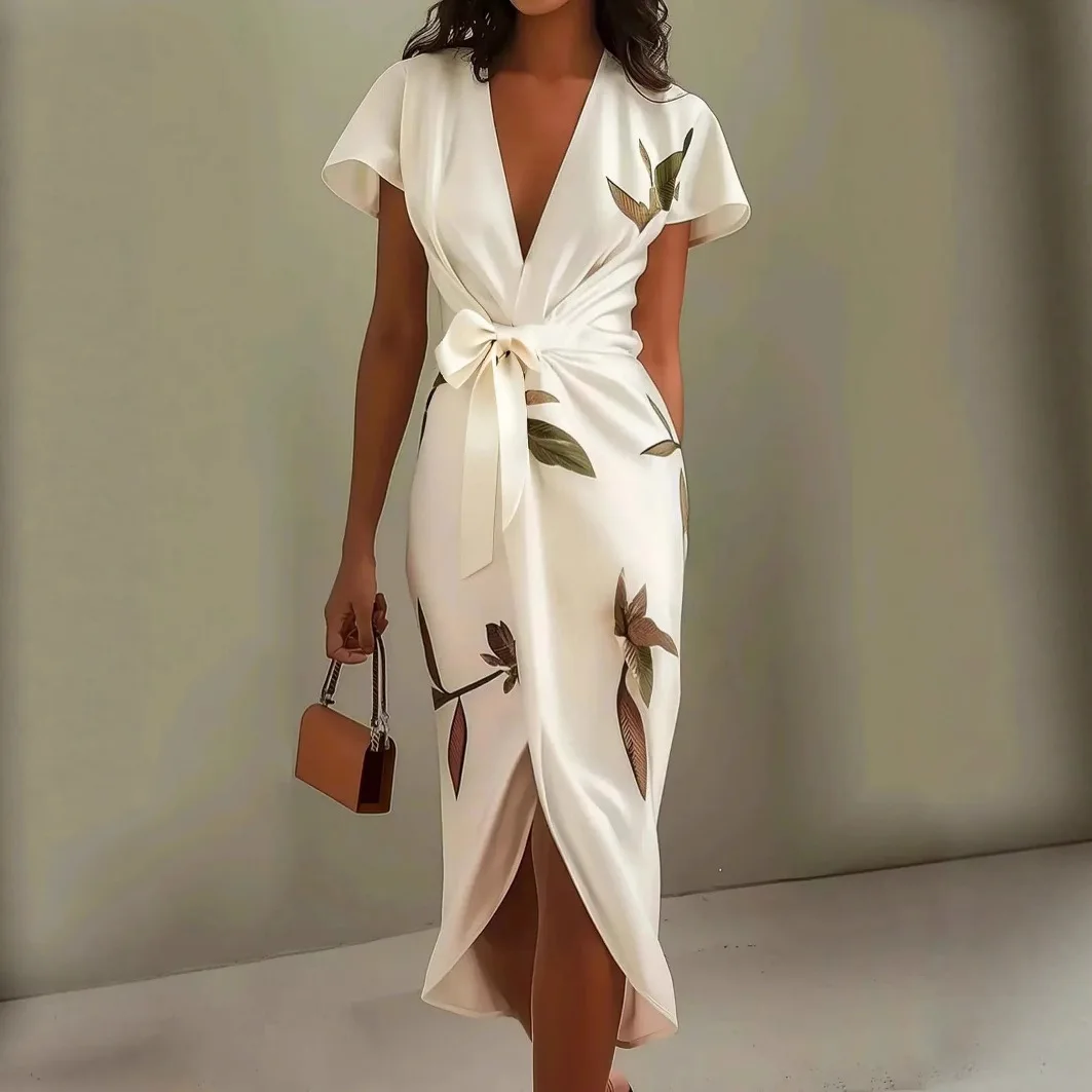 

Summer New Women's Short-sleeved Dress V-neck White High-waist Slim Bow Elegant Party Fashion Midi Skirt for Female