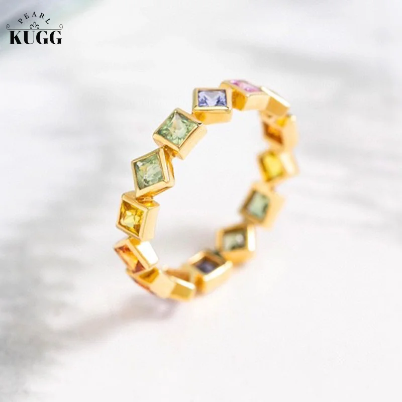 

KUGG 18K Yellow Gold Rings Fashion Square Rainbow Shape Natural Color Sapphire 1.7carat Shiny Gemstone Party Jewelry for Women