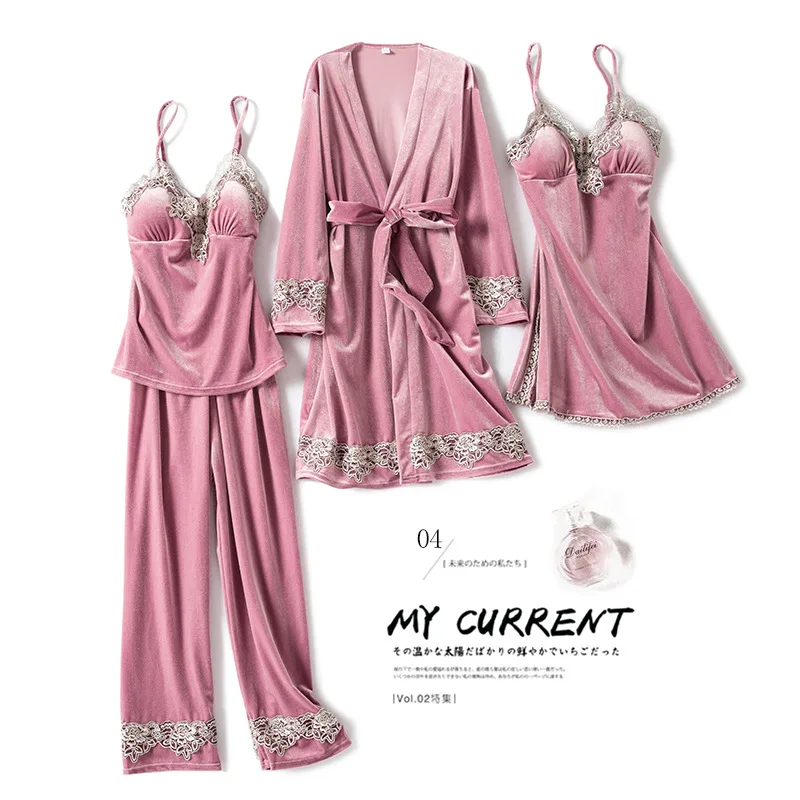 Burgundy Velvet 4PCS Pajamas Set Wedding Robe Nightgown Autumn Winter Female Sleepwear Sexy Lace Trim Pijamas Suit Home Wear