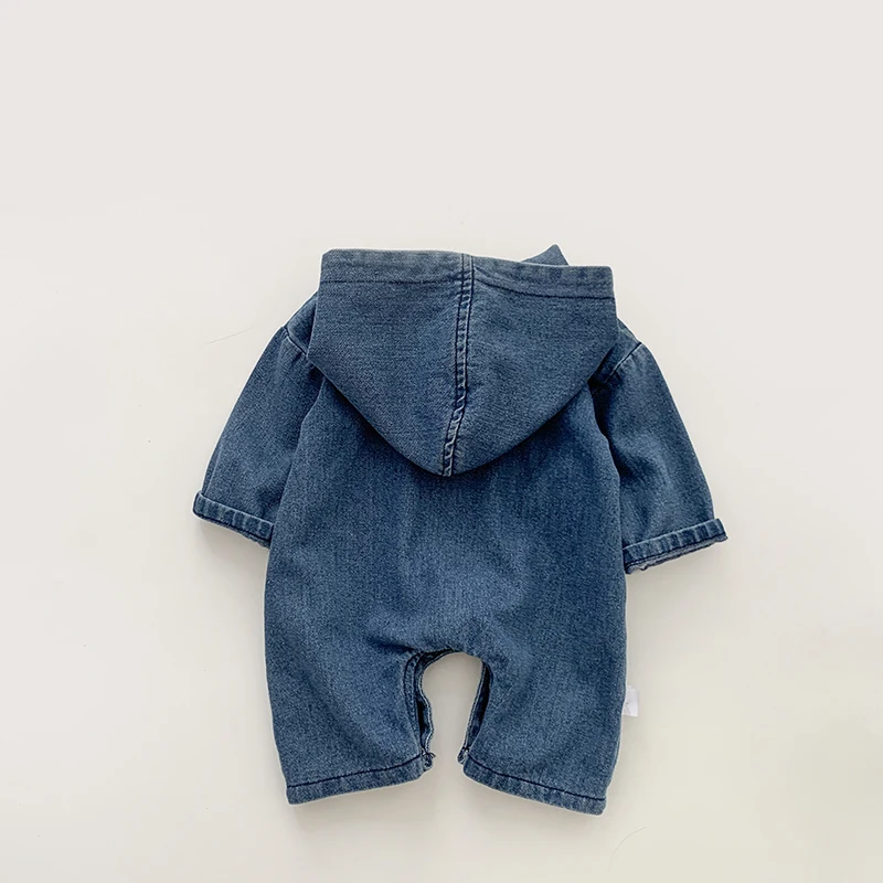 Spring And Autumn Infant Baby Boys And Girls Denim Hooded Romper Long-sleeved Soft Cute Kids Onepiece Fashion Baby Clothing