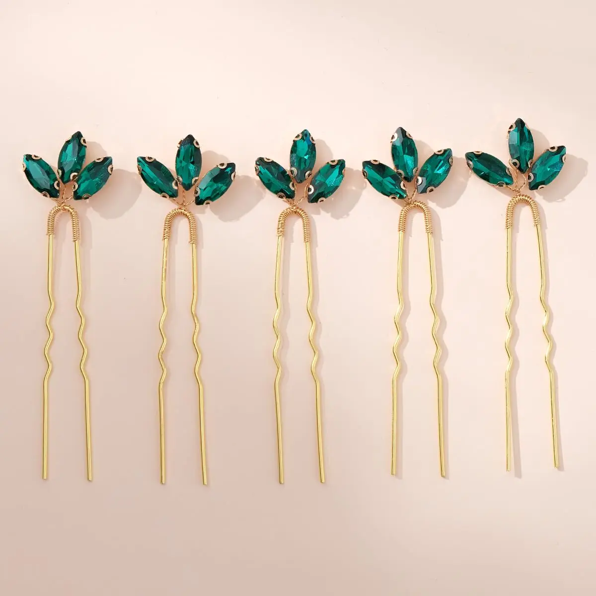 

5PCS Retro Green Crystal Sparkling Hairpin Handmade Rhinestone Pearl Hairpin New Year Wedding Headwear Jewelry Accessories