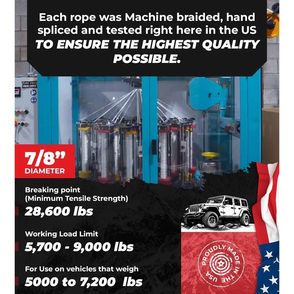 Kinetic Recovery Rope Made in The USA 7/8 x 30 Tow Rope Truck Heavy Duty Kinetic Tow Rope and Kits Recovery Straps Truck,Heavy
