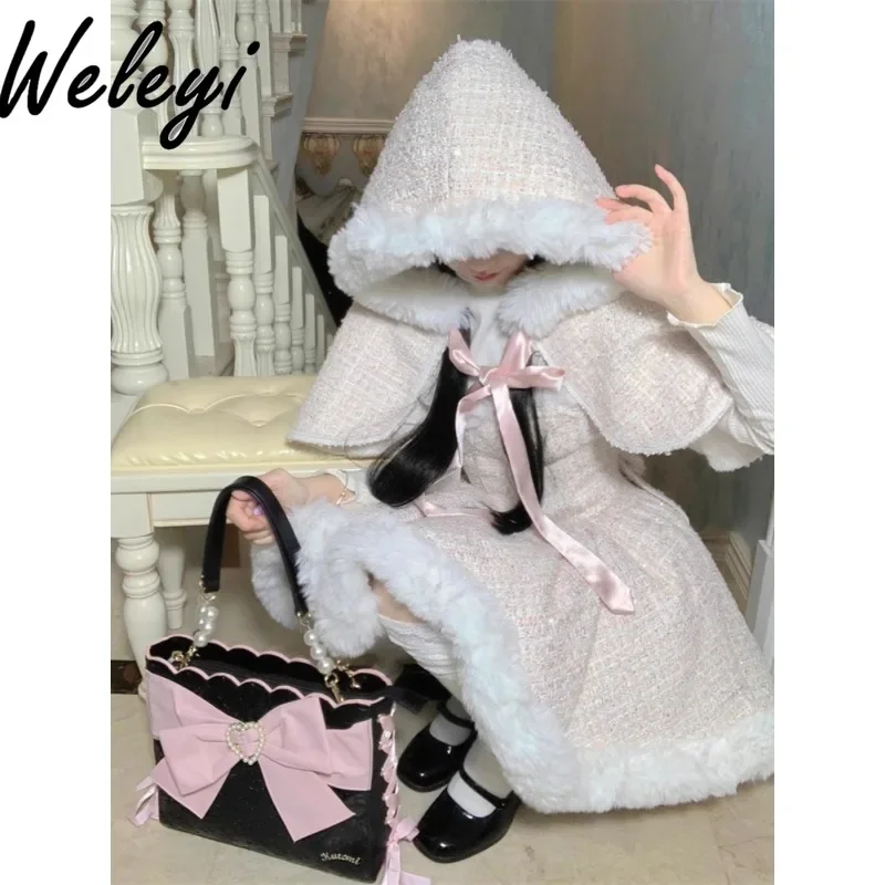 

Fall Princess Soft Girl Dress Suit Lolita 2024 Winter New Sweet Women's FluffyTube Top Dresses Hooded Cape Coat Two-piece Set