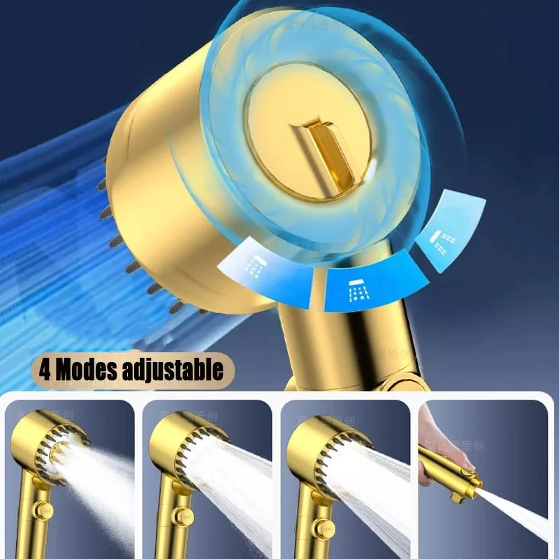 

Upgraded Golden 4 Modes Pressure Boost Shower Head With Filter High Pressure Large Flow Spray Nozzle One-Key Stop Water Shower
