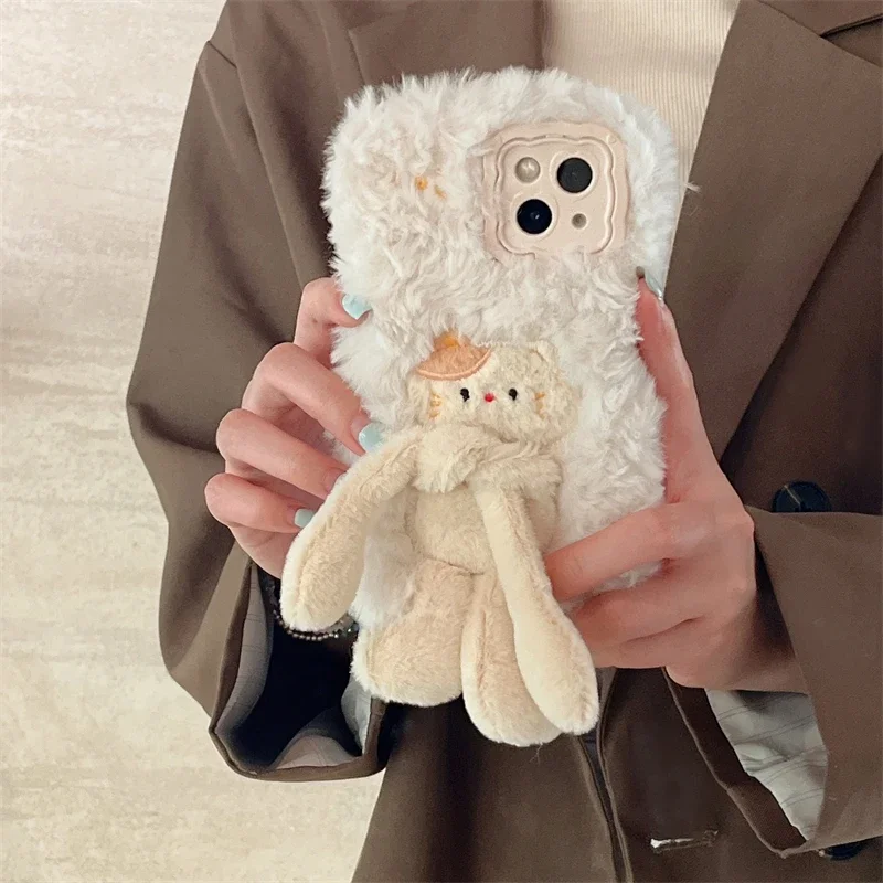 Warm Plush Hair Fluff Toy Soft Phone Case For Huawei P40 P50 P60 Pro Pura 70 Pro Cute Pull the Cat cartoon Back Cover Case