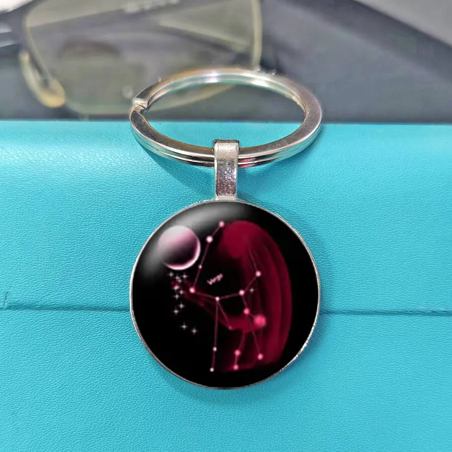 Colorful Nebula Zodiac Constellation Glass Key Chain, Black Background Glow Star Pattern Cabochon Key Holder Astrology Souvenir