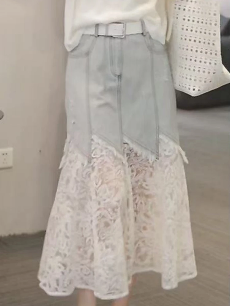 

High Waist Asymmetrical Lace Splicing Denim Skirt Women's Mid-Length Fake Two-Piece Summer Trendy Korean Sle Commute