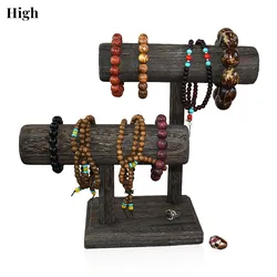 2-Tier Jewelry Organizer Stand, Wooden T-Bar Necklace Rack and Bracelet Holder Display for Selling, Bangle, Watch Tower, Rings