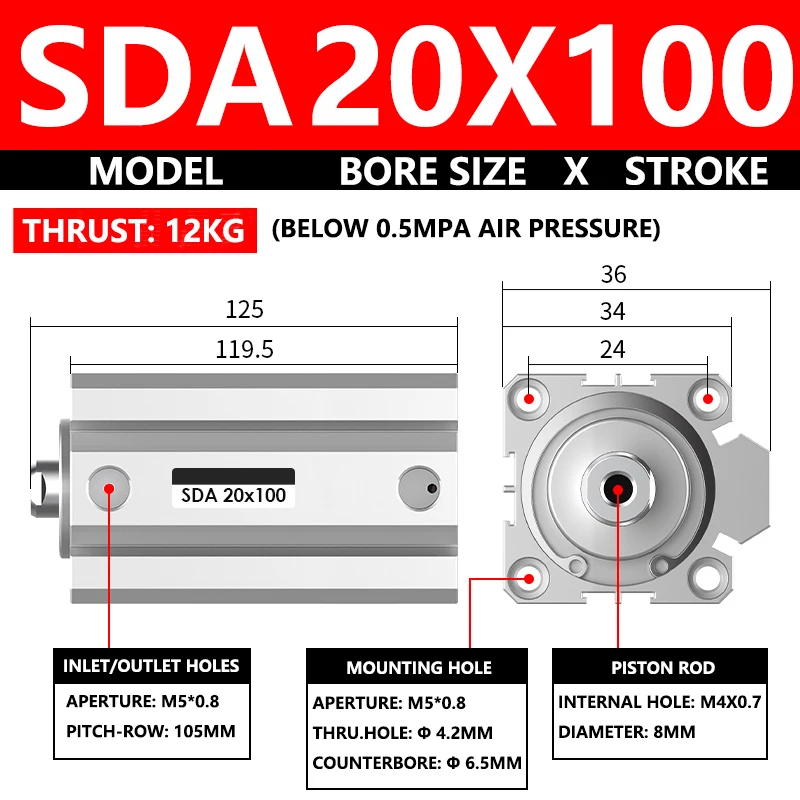 

ABILKEEN SDA20X100 SDA Series Thin Air Cylinder 20MM Female Thread Bore X 100MM Stroke Double Acting Pneumatic Compact Cylinder