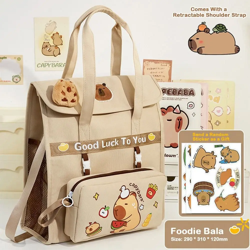 Borsa tutorial Capybara Kawaii Borsa per studenti in tela di grande capacità Borsa per penne staccabile Zaino per cartoni animati Scuola primaria