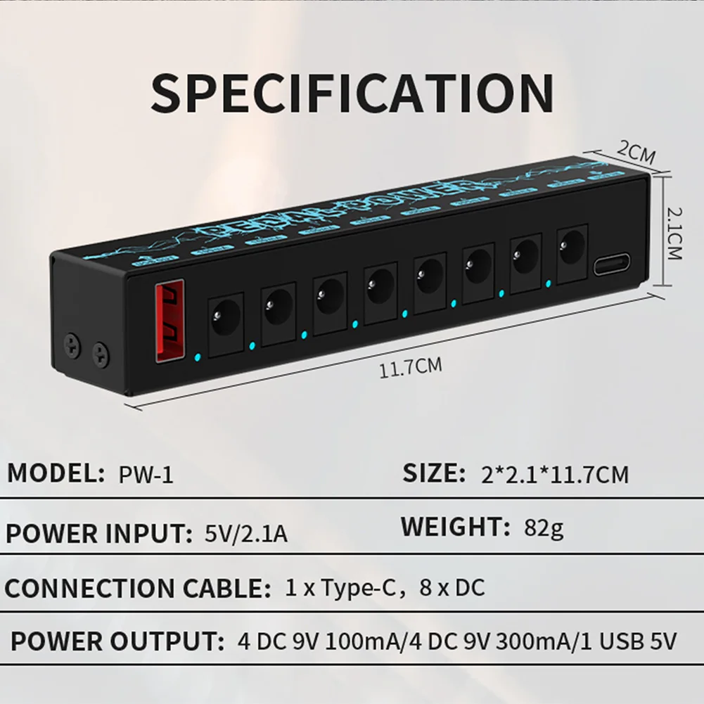 PW-1 Guitar Pedal Power Supply 8 Isolated DC Output For 9V 300mA/100mA Pedalboard With Short Circuit Overcurrent Protection