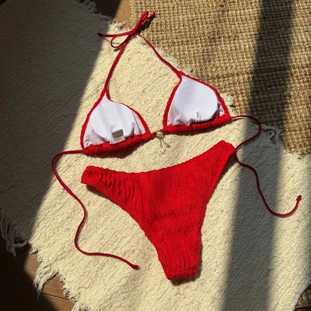 Gefalteter Neckholder-Bikini, Damen-Badeanzug, zweiteiliges Bikini-Set, brasilianischer Badeanzug mit hohem Beinausschnitt, Badebekleidung, Modell V6209S. – Detail 38