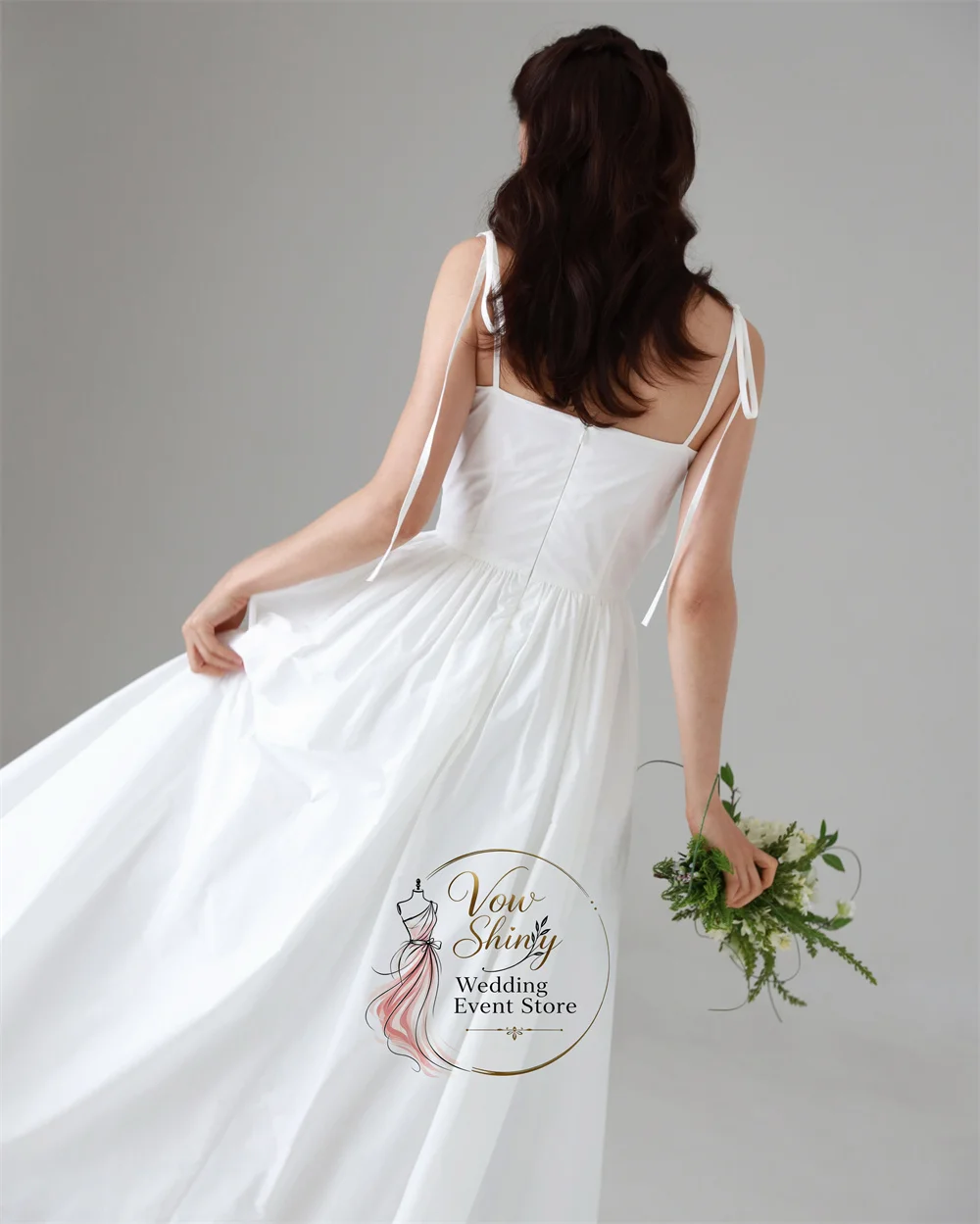 Vow Shiny Customized Simple Pleat Taffeta Korea Wedding Dress Spaghetti Strap A-line Outdoor Snapshot Back Zipper Pretty Bride