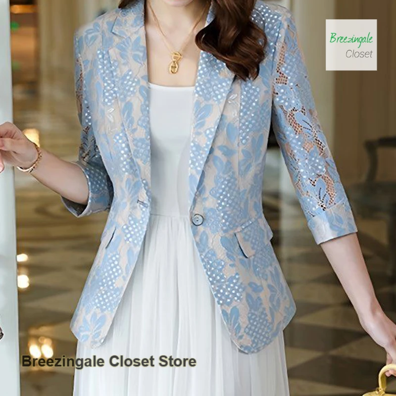 French lace openwork small suit jacket women's summer thin new fashion temperament casual slim beautiful western-style top.
