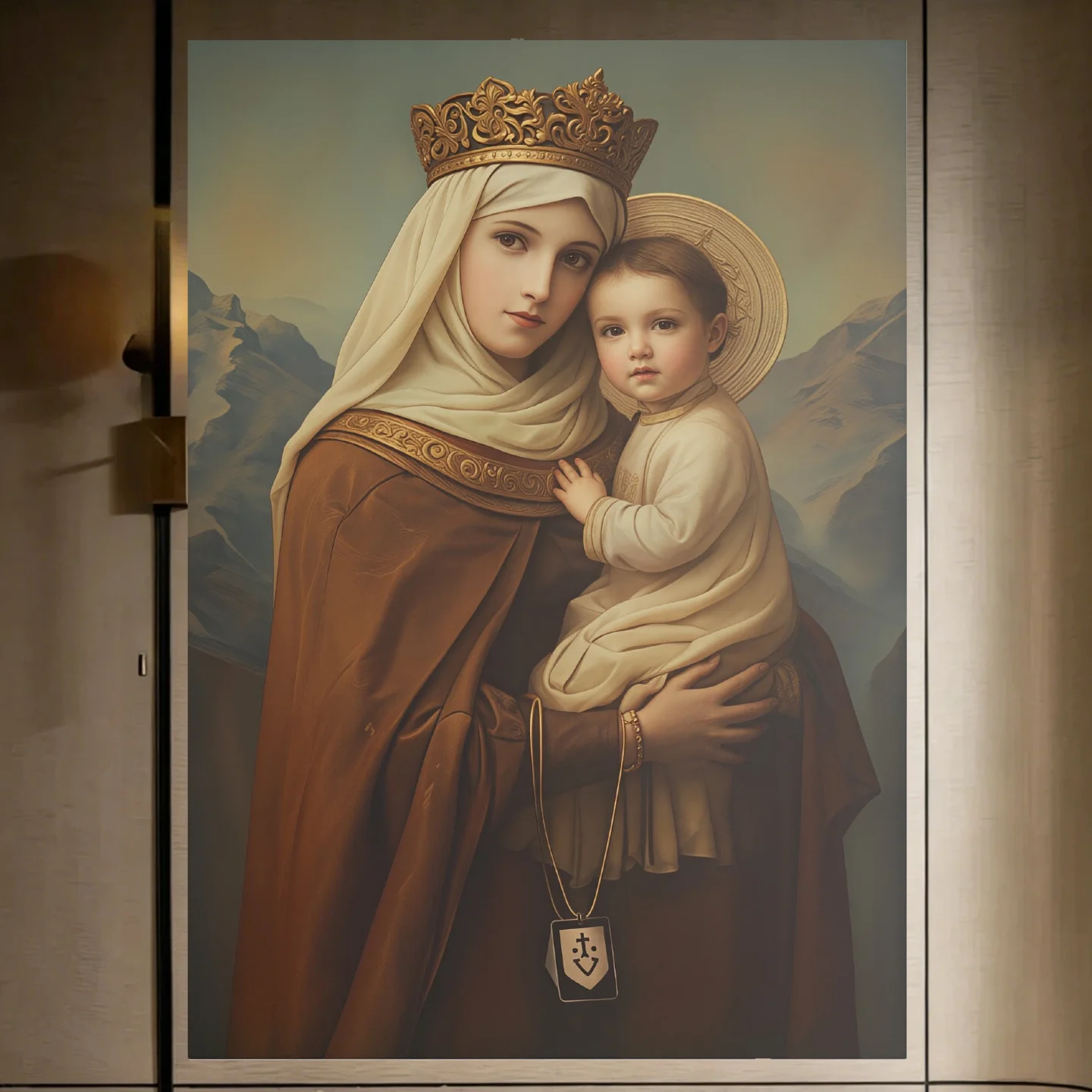 2D Flat Vertical Catholic Metal Sign -Our Lady of Mount Carmel Gold Aluminum Wall Art for Room Bedroom Hallway Church Decor Gift