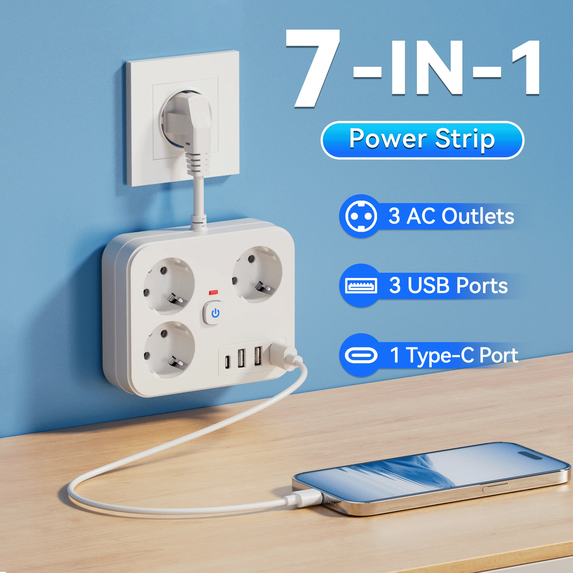 A 7-in-1 Extended Desktop/Wall-Mounted Socket Strip with Overload Protection Features 3 Ac Outlets, 3 USB Ports, and 1 Type-C Port.