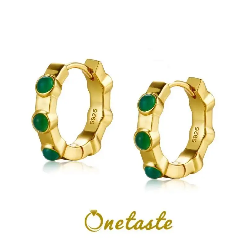

925 Sterling Silver 18K Gold Plated Huggie Hoop Earrings With Green Agate Clearance Limited Stock First Come First Get