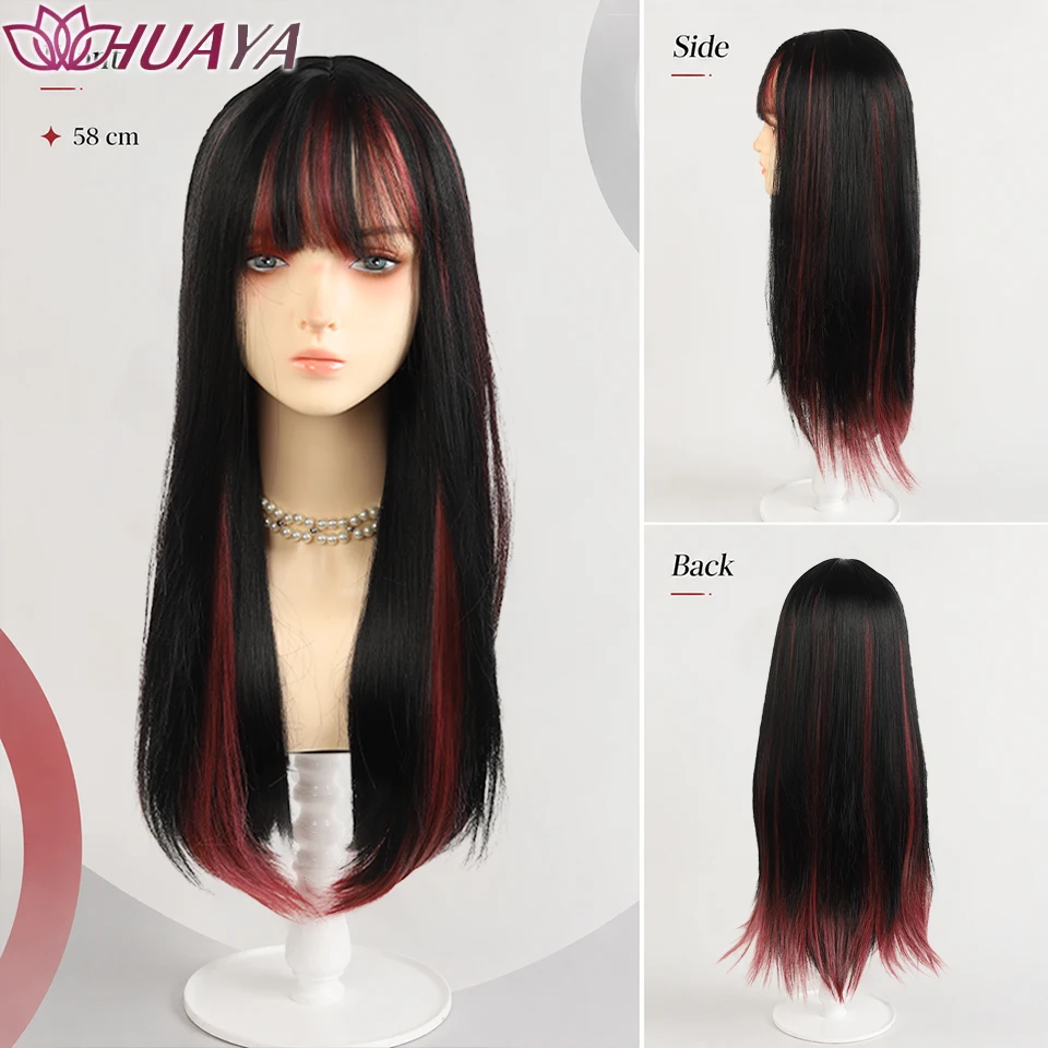 Synthetic Long Straight Wig with Bangs for Women Layered Full Wig Anime Cosplay Party Costume Hairpiece