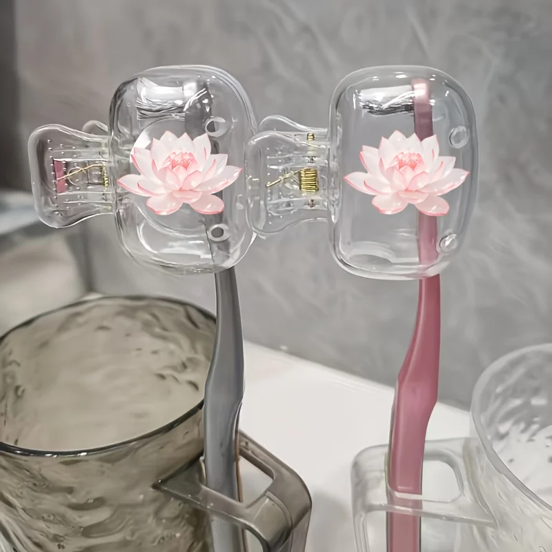 Hermoso Porta Cepillos de Dientes Lotus, Juego de 2 Piezas, Portátil, con Cubierta Protectora, Apto para Viajes y Uso en el Hogar, con Clip de Almacenamiento