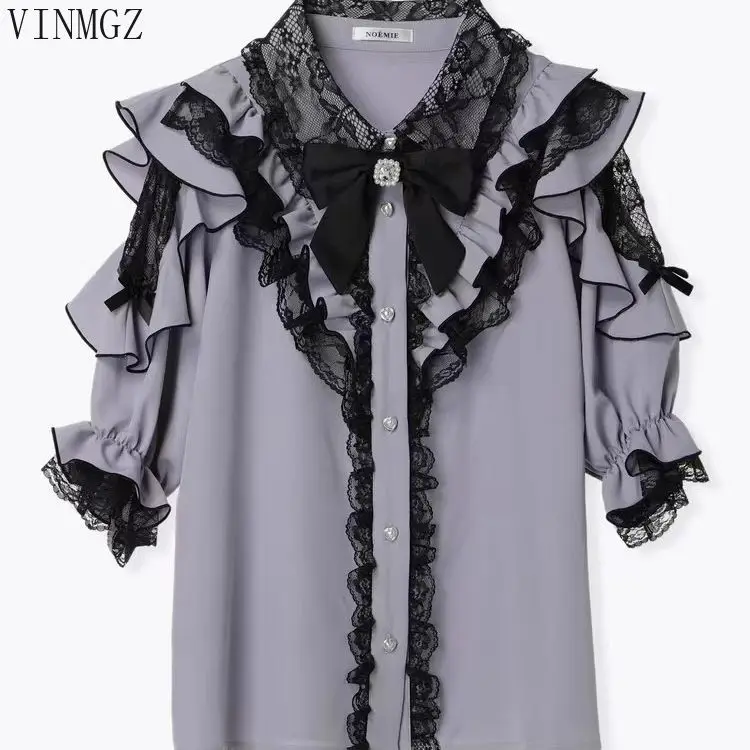 Japan's original order new mine series  ruffle edge bow off-the-shoulder lace medium-sleeved sweet shirt