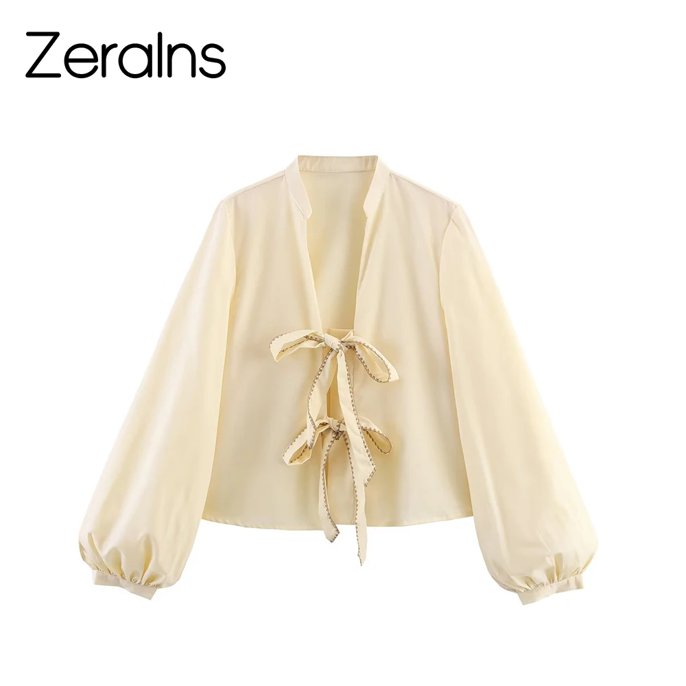 ZERAINS Letnia Nowa Damska Moda Słodko-Pikantny Styl Luźna Koszula w Paski z Dekoltem w Serek i Kokardą z Popeliny