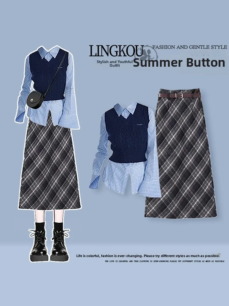 

Large Size Autumn Elegant Knitted Vest Set Women's Fashion Korean Style Shirt Age Reduction Plaid Skirt Three Piece Set