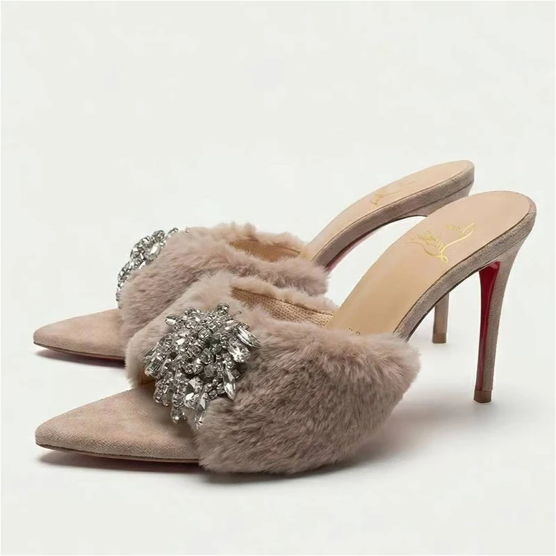 

Роскошные пушистые тапочки с леопардовым принтом и стразами на тонком каблуке, женские зимние теплые удобные шлепанцы с открытым носком, женские сексуальные дизайнерские сандалии