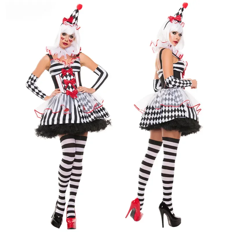 2024 Halloween Adult Funny Circus Clown Costume For Women Grid Irregular Mini Dress Naughty Harlequin Uniform Female Costume