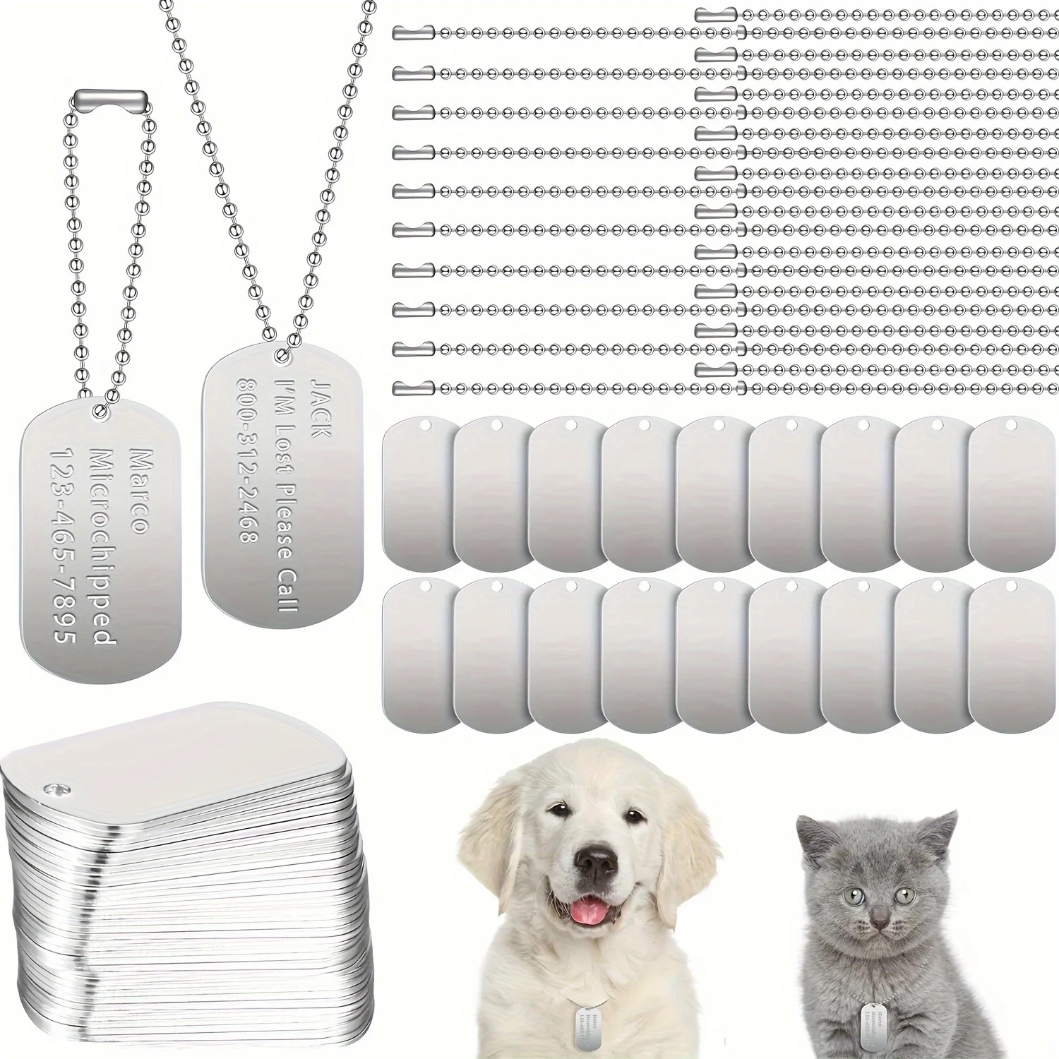 40 Pcs Dog Tags Set Including 20 Pcs Aluminum Blank Dog Tags 20 Pcs Ball Steel Chain Rectangle Blank Tag Metal Stamping Tags for