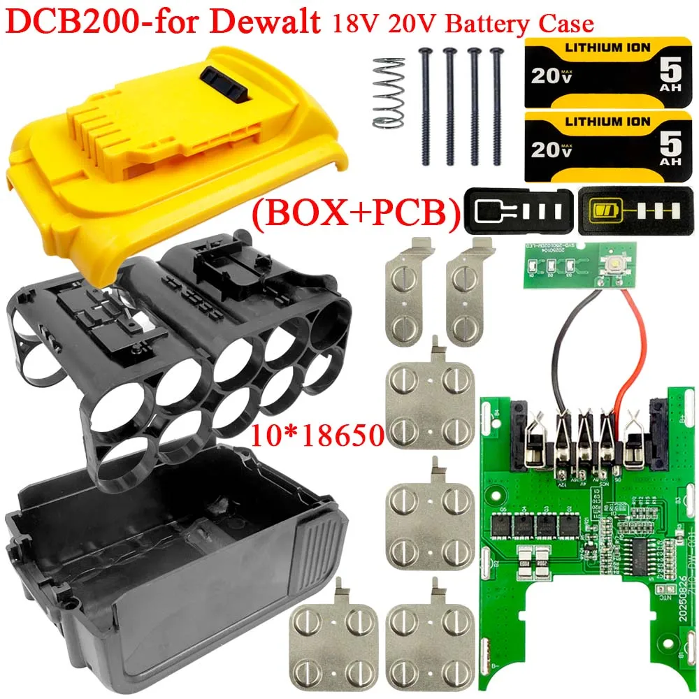 Obudowa baterii litowej DCB200 10*18650 do elektronarzędzi, pudełko do przechowywania, płytka PCB z obwodem zabezpieczającym do obudów baterii litowo-jonowych Dewalt 18V