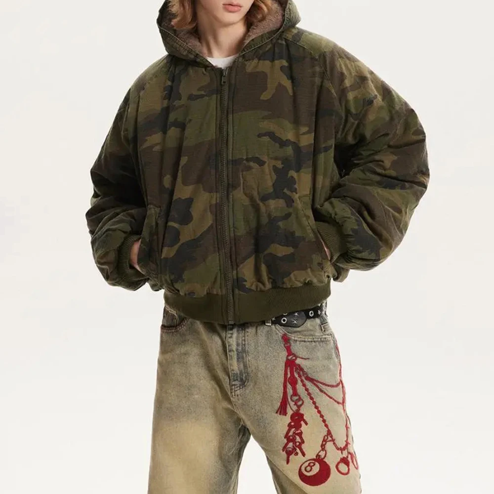 Winter American High Street Retro Double-Sided Thickened Cotton Coat Unisex Plus Velvet Warm Hooded Design Cotton Coat For Men