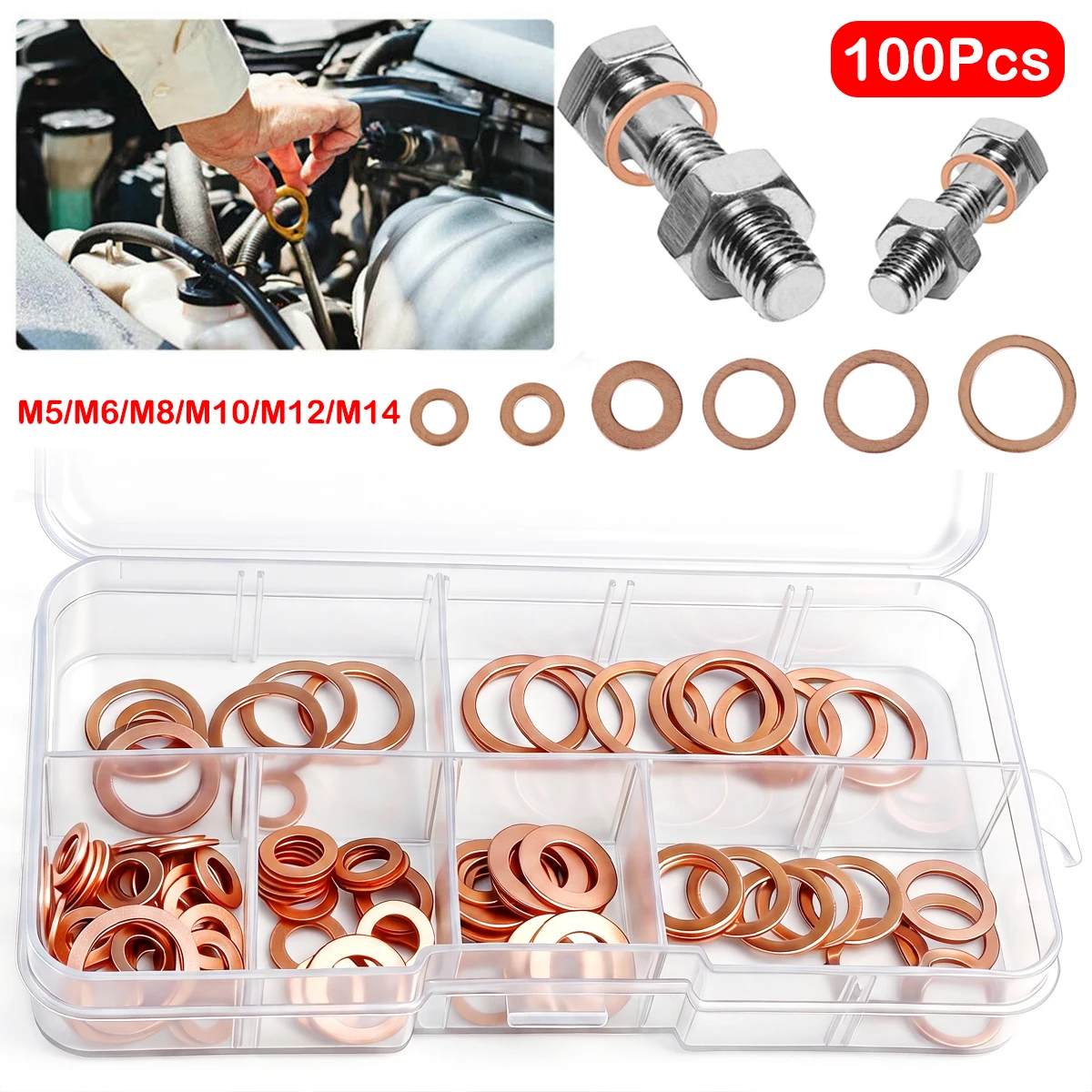 100PCS Copper Washer Gasket Nut And Bolt Set Flat Washers Sealing Ring Crush Washer for Bolts Screws Machinery Repair M5-M14