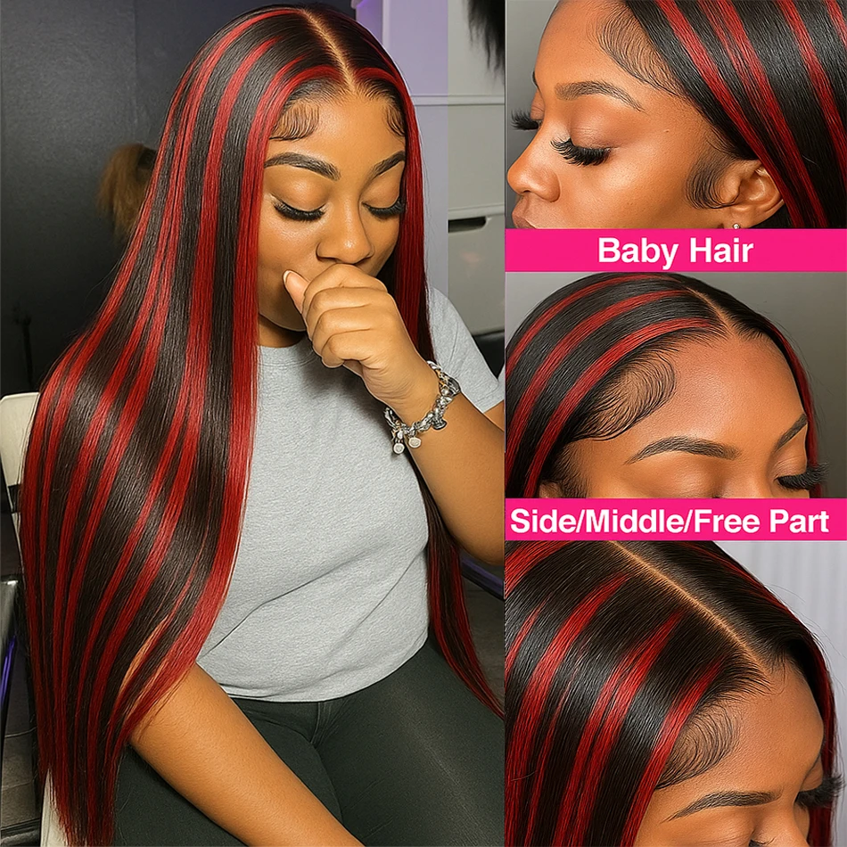 200% Upgraded 1B/99J Black With Red Bone Straight 5x5 Highlight Wig Human Hair Brazilian Burgundy Colored Glueless Wig For Women - Image 2