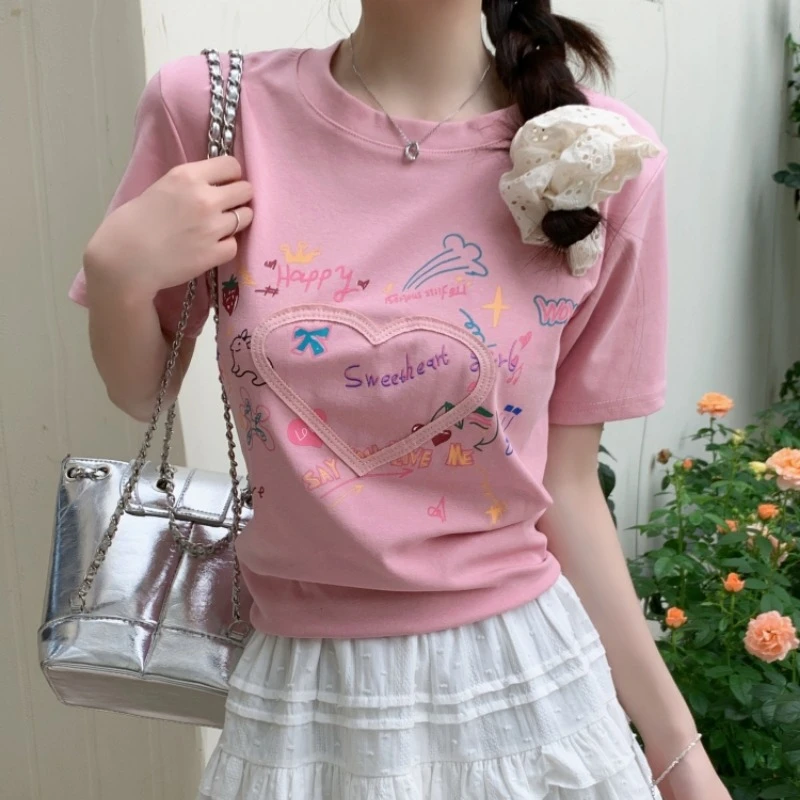 2024 Summer New Short-sleeved T-shirt Women Korean Graffiti Embroidery Versatile Y2k Tops Sweet Casual Tees Female