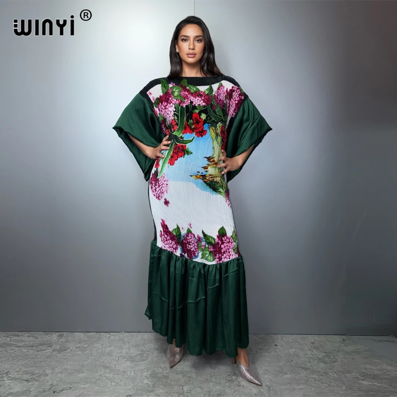 

WINYI boho summer Pleat Elastic slim dress holiday beach cover up kaftan abaya dubai luxury party dress long down evening dress