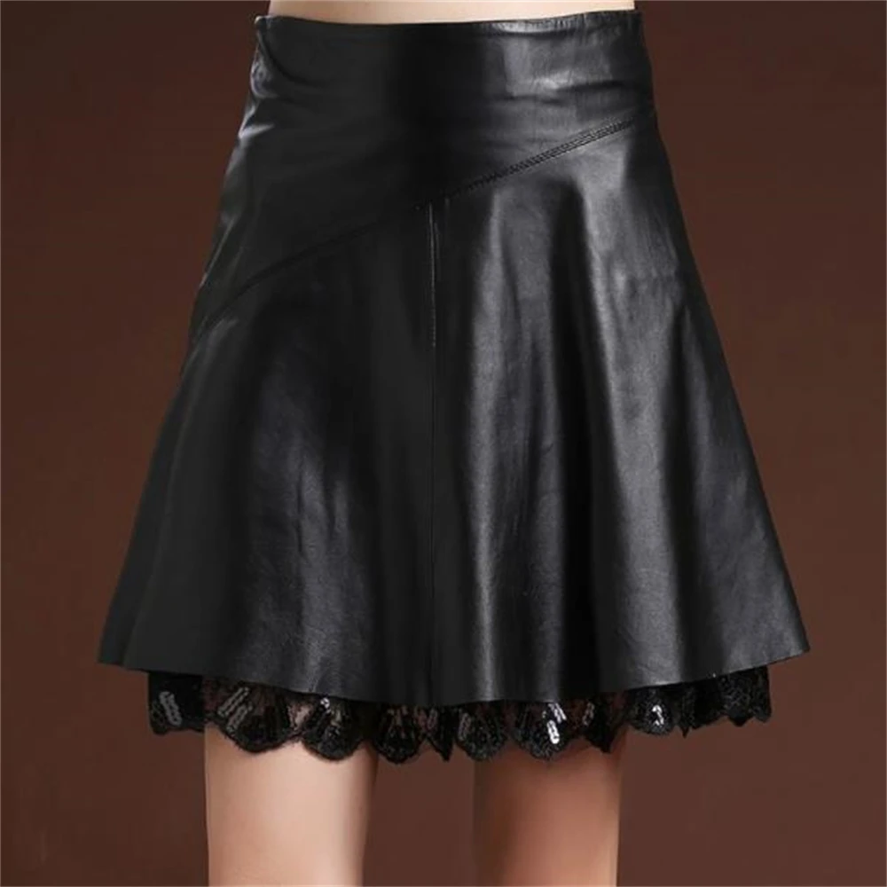 Leather Skirt Female Hot Sale Above Knee High Waist Pleated Slim Culottes Autumn Winter Soft Pu Skirts Lace S-4xl Spring