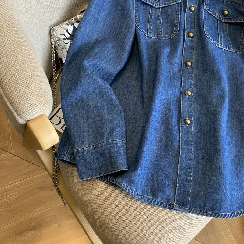 Vintage Blue Lapel Denim Shirt Women Long Sleeve Single Breasted Versatile Spring Autumn Casual Blouse 5