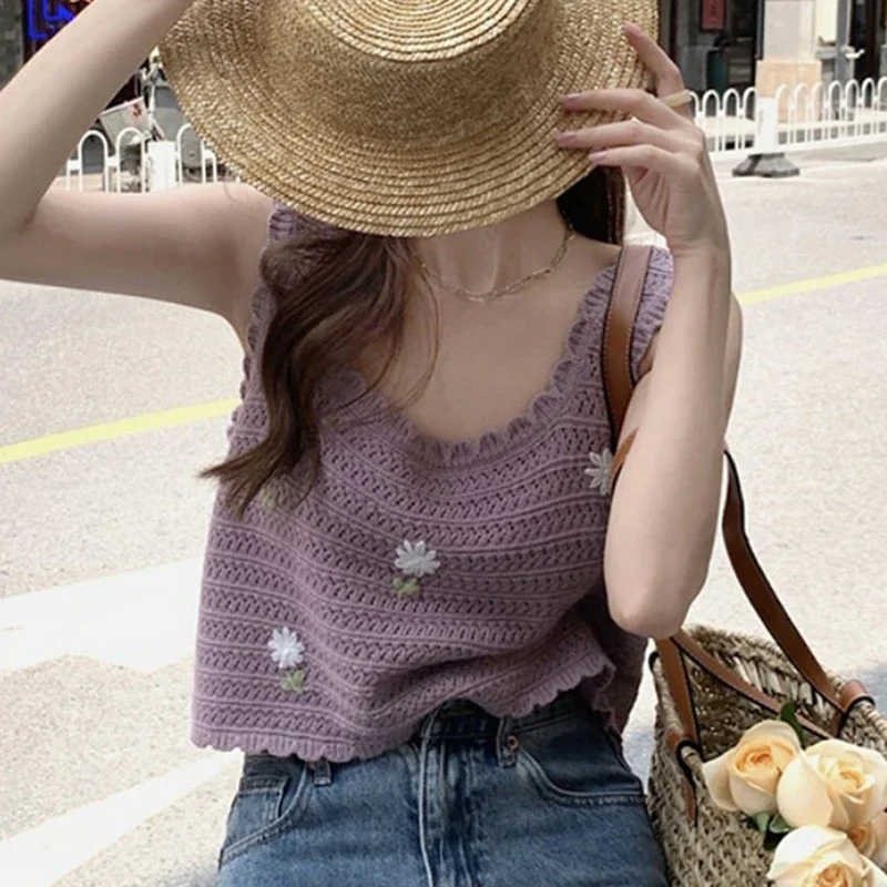 

Hollow Out Flowers Embroidery Tank Top Women Knitted Summer Sleeveless Camisole