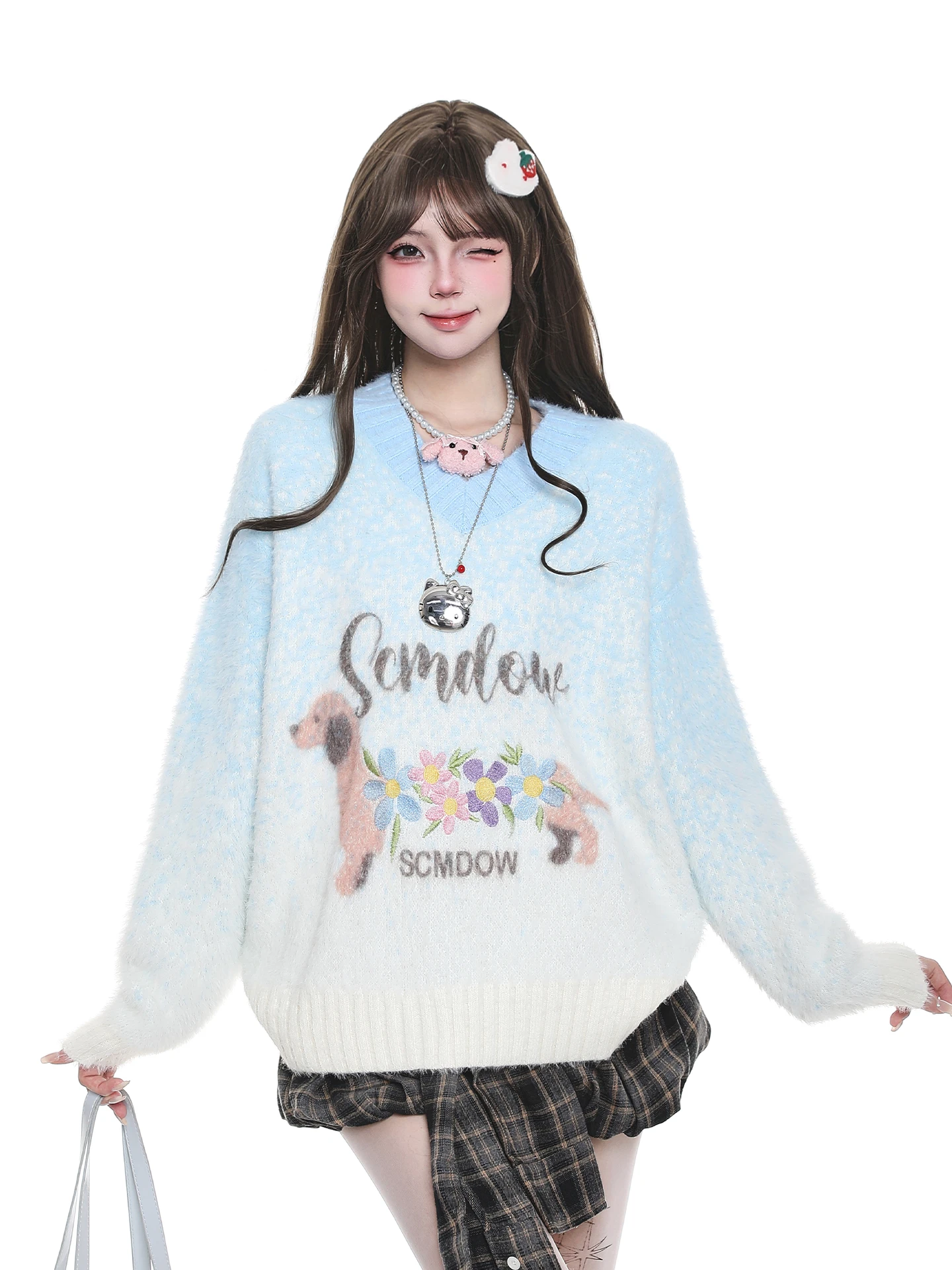 

Корейский милый милый мультяшный свитер с v-образным вырезом, женский осенне-зимний цвет Dopne adient, повседневный вязаный топ, свободный крой, длинный свек